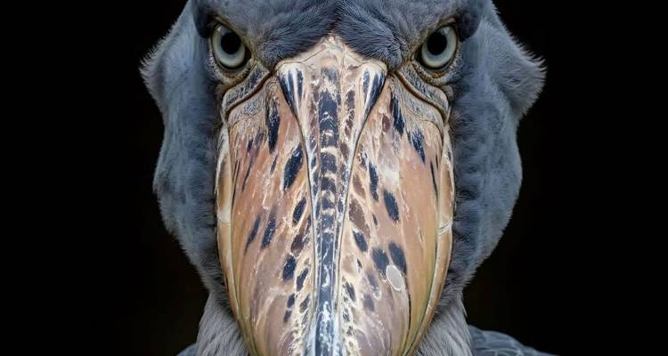Portrait rapproché intense d'une cigogne bec-de-chaussure montrant son bec massif et ses yeux perçants.