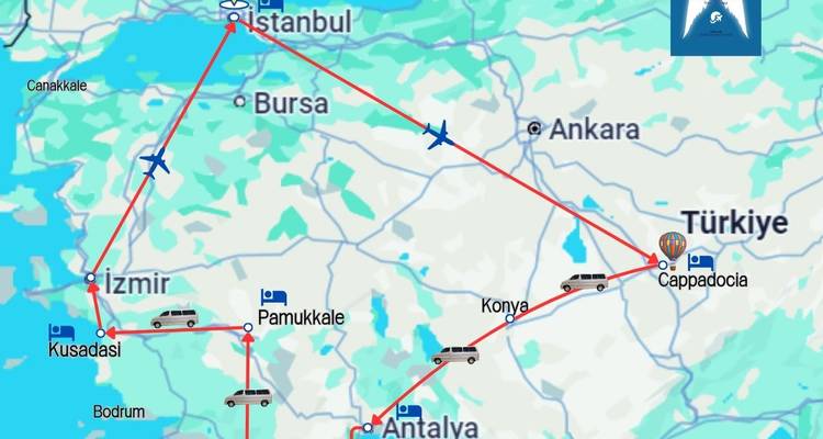 Karte mit einer Reiseroute mit verschiedenen Zielen in der Türkei.
