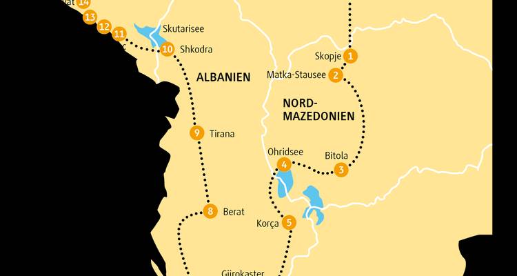 Carte montrant les emplacements en Albanie et en Macédoine.