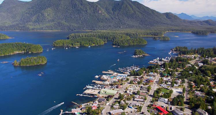 Vue aérienne d'une ville côtière avec plusieurs îles.
