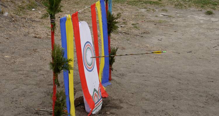 Kleurrijk gestreept boogschiettarget doorboord door een enkele pijl tijdens een traditionele Bhutanese wedstrijd.