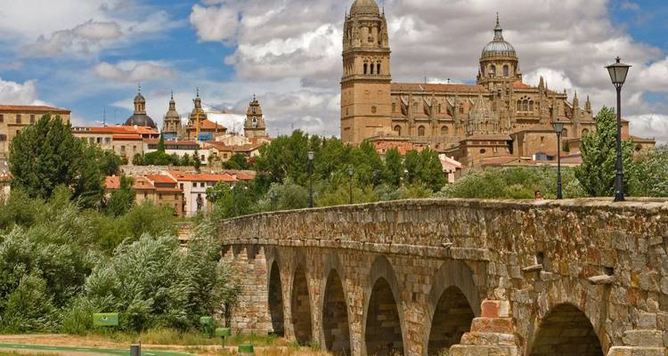 Las torres de la catedral histórica de Salamanca se alzan sobre un puente de piedra romana rodeado de exuberantes árboles junto al río.
