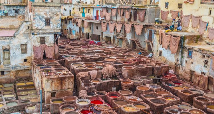 Open-air tanneries in Fes with vibrant colored vats.