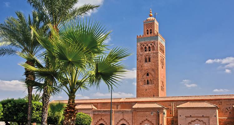 Historic mosque with palm trees under a blue sky.