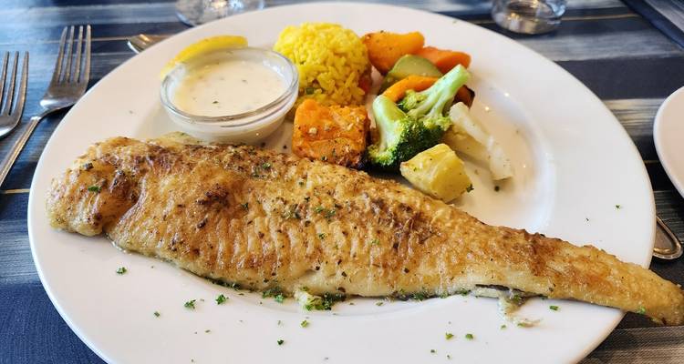 Gegrilltes Fischfilet serviert mit cremiger Sauce, gelbem Reis und gemischtem Gemüse auf einem weißen Restaurantteller.