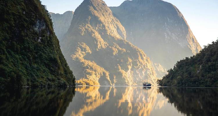 Goldenes Morgenlicht spiegelt sich auf ruhigen Fjordgewässern mit steilen bewaldeten Wänden.