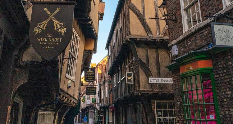 Smalle middeleeuwse straat met vakwerk huizen en hangende winkelborden in Yorks historische Shambles-wijk.