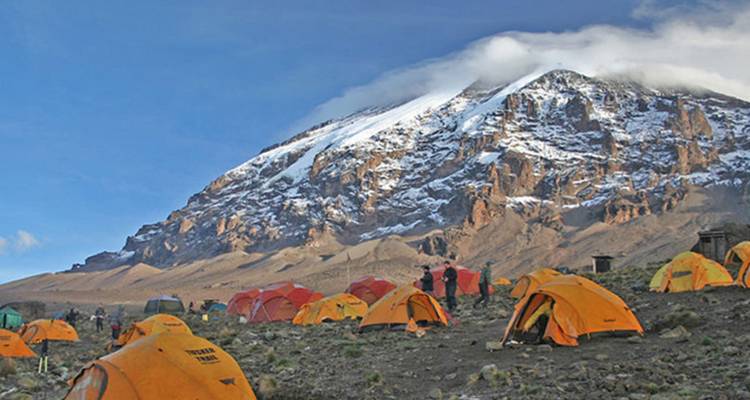 Un camping au pied du mont Kilimandjaro avec des tentes.