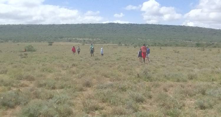 Des gens qui marchent à travers une vaste plaine dégagée par une journée ensoleillée.