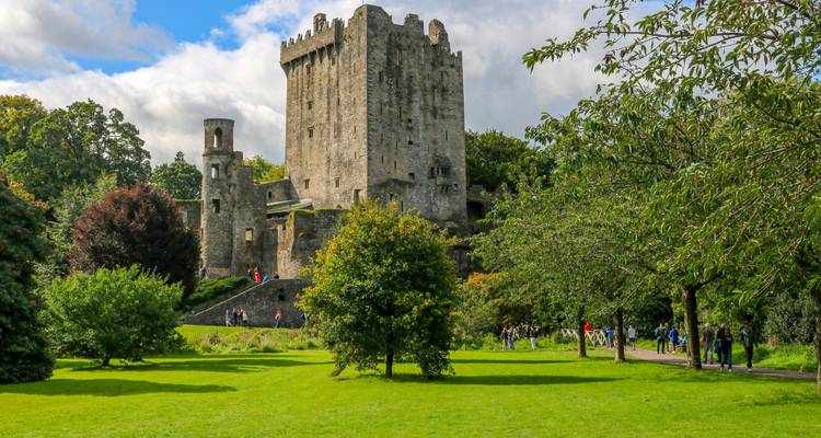 Los visitantes pasean por los verdes terrenos que rodean el histórico Castillo de Blarney bajo un cielo azul.