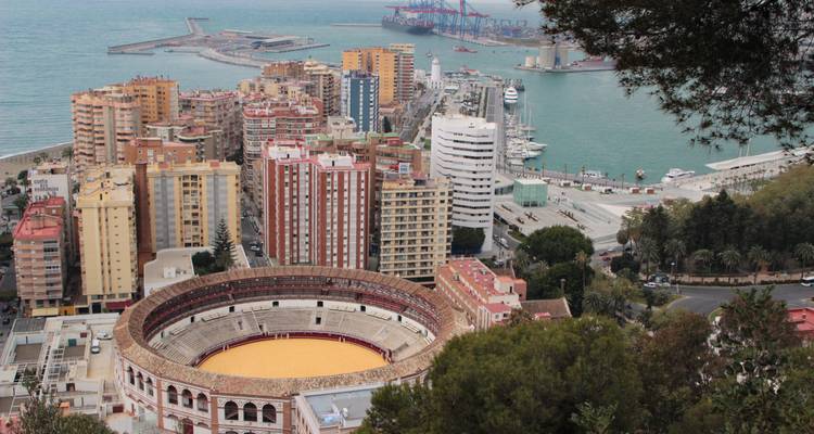Aerial view of a city with a bullfighting arena near the coast.