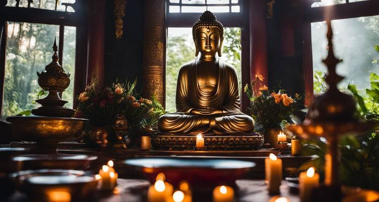 Statue de Bouddha doré entourée de bougies.
