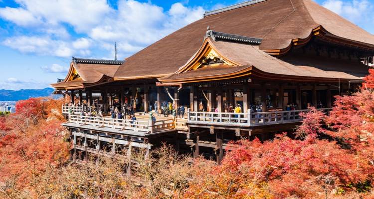 Templo Kiyomizu-dera rodeado de vibrante follaje otoñal.
