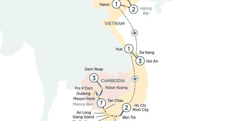 Map showing a travel route spanning multiple countries in Southeast Asia.