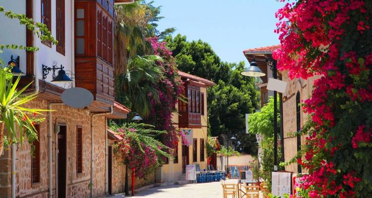 Kleurrijke straat in een historische wijk met bloemen en traditionele gebouwen.