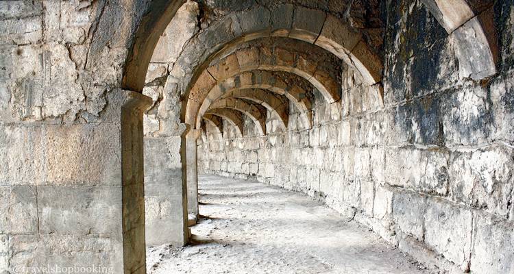 Pasillo arqueado de piedra de una estructura antigua con bóvedas repetidas y paredes texturizadas.
