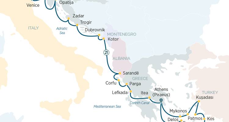 Mapa ilustrado de ruta de crucero que muestra puertos desde Venecia hasta Atenas a través de las islas del Adriático y el Egeo.