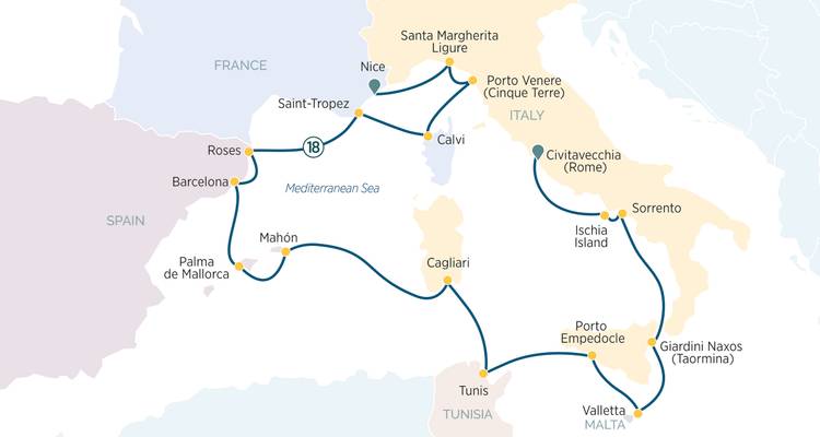 Illustrated cruise route map around the Mediterranean highlighting ports of call.