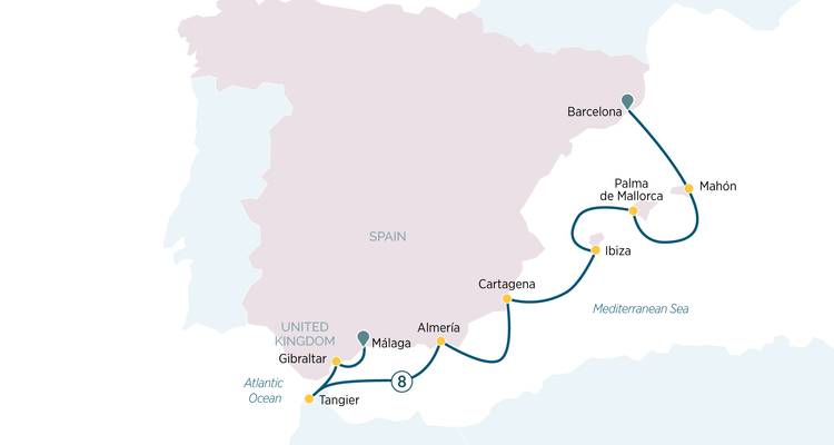 Mapa de ruta que muestra un viaje costero alrededor de España, Gibraltar y Marruecos.