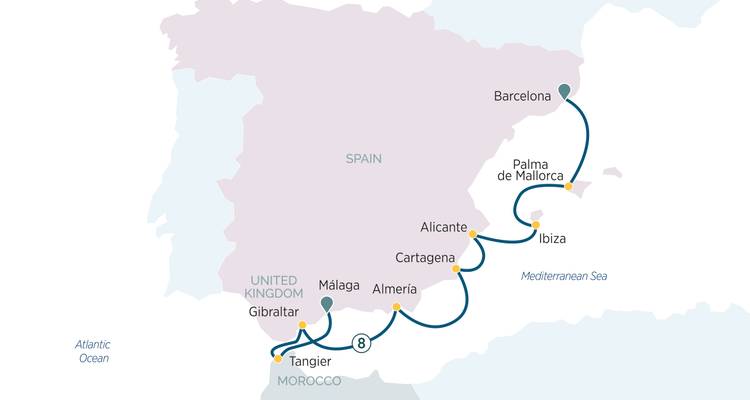Kaart van regio's in Spanje, Gibraltar en Marokko met routes.
