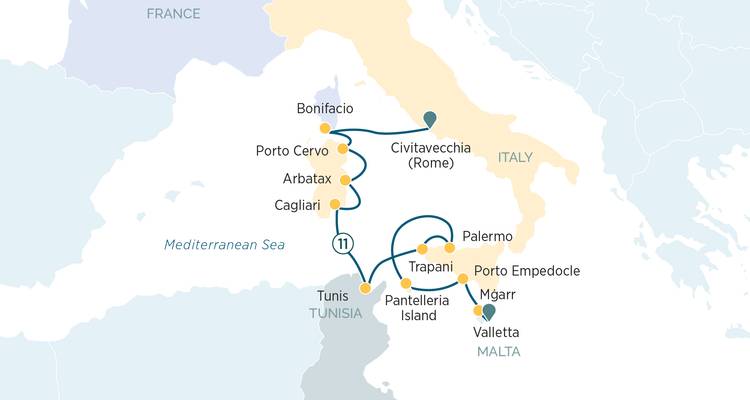 Carte d'itinéraire d'une croisière méditerranéenne mettant en évidence les ports en Italie, Tunisie et Malte avec des lignes de trajet courbes.