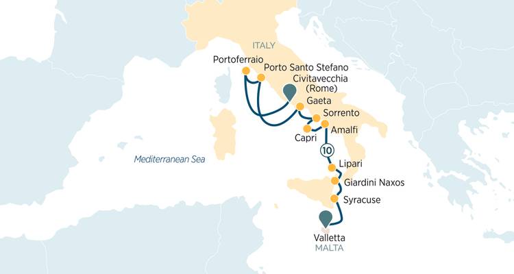 Carte de l'itinéraire de croisière traçant les ports autour du sud de l'Italie et de Malte