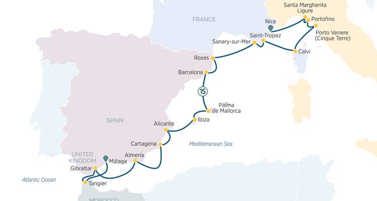 Carte d'un itinéraire de croisière en Méditerranée.