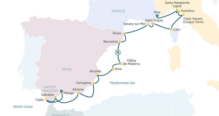 Mapa del itinerario de crucero mostrando la ruta del Mediterráneo desde Gibraltar pasando por España, Francia e Italia