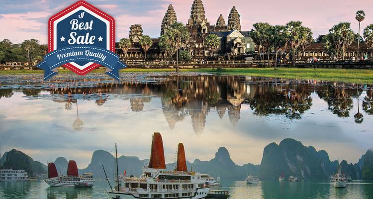 Angkor Wat au Cambodge avec superposition de texte promotionnel.