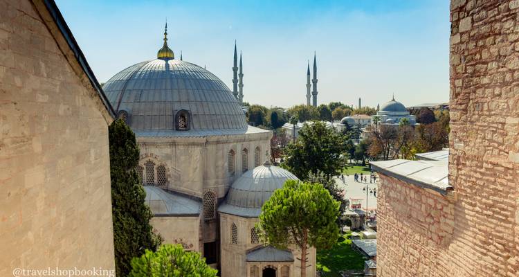 View across rooftops to domes and minarets of Istanbul’s historic quarter framed by tree tops