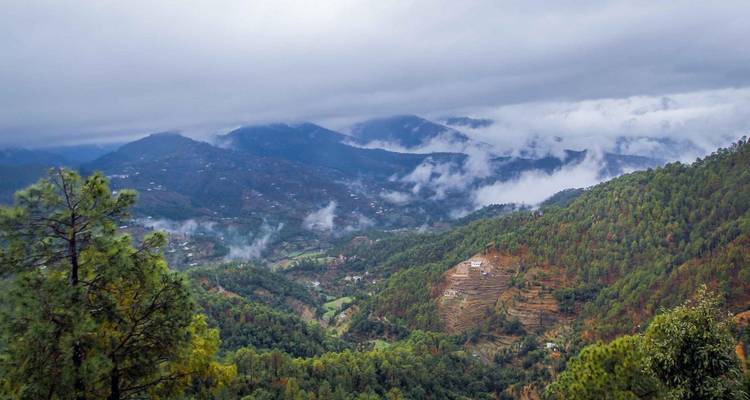 Vue panoramique des montagnes avec des nuages et une forêt.