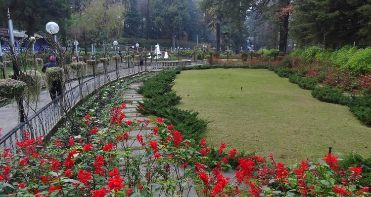 Jardin bien entretenu avec des allées et des fleurs rouges.