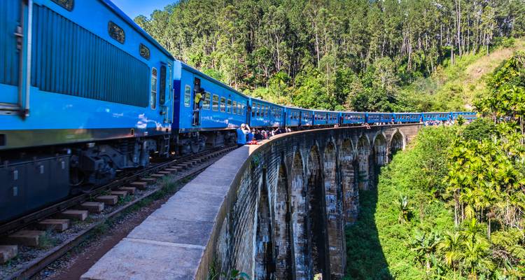 Blue train on Nine Arches Bridge in lush scenery.
