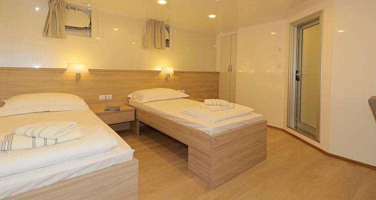 Innenraum eines Hüttenzimmers mit zwei Einzelbetten und moderner Einrichtung.