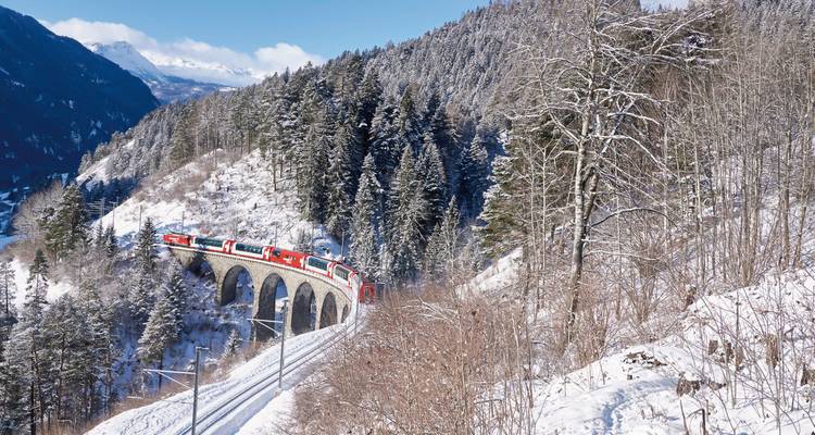 Train traversant un viaduc dans un paysage alpin hivernal