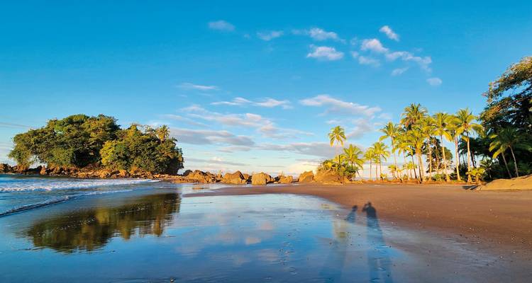 Sunny beach with reflections in the wet sand.