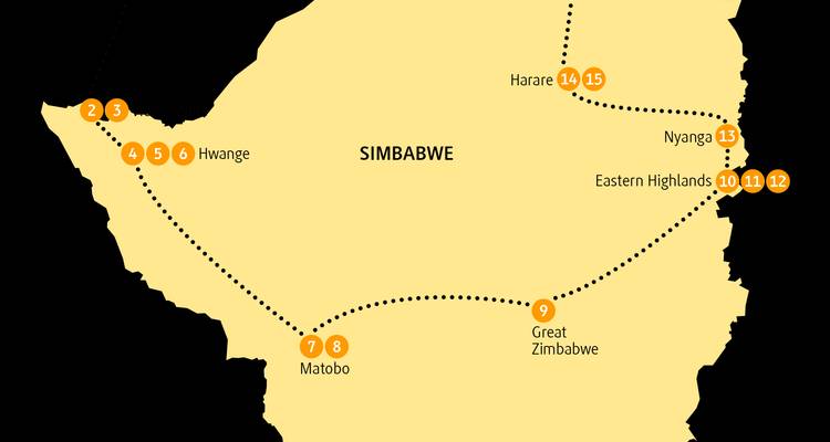 Carte du Zimbabwe avec les parcs nationaux et les itinéraires marqués.