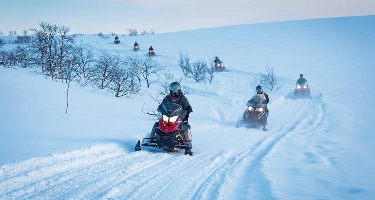 Randonnée en motoneige avec des conducteurs manœuvrant à travers un terrain enneigé.