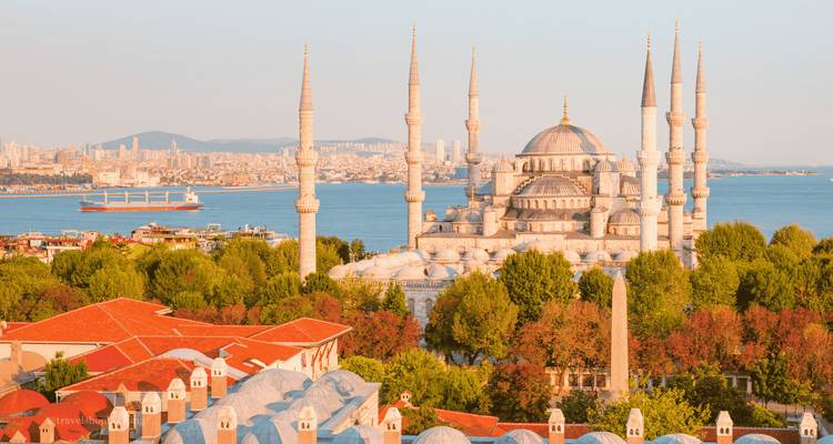 Ikonische Blaue Moschee, die sich über Baumwipfel erhebt, mit dem Bosporus und der Stadtsilhouette im warmen Abendlicht.