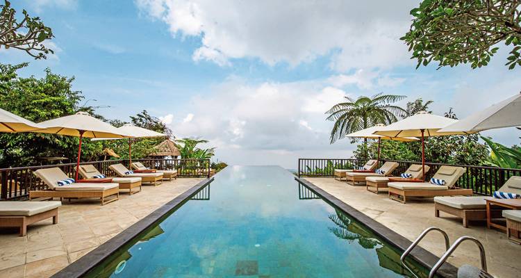 Piscine à débordement entourée de chaises longues et d'une végétation luxuriante.