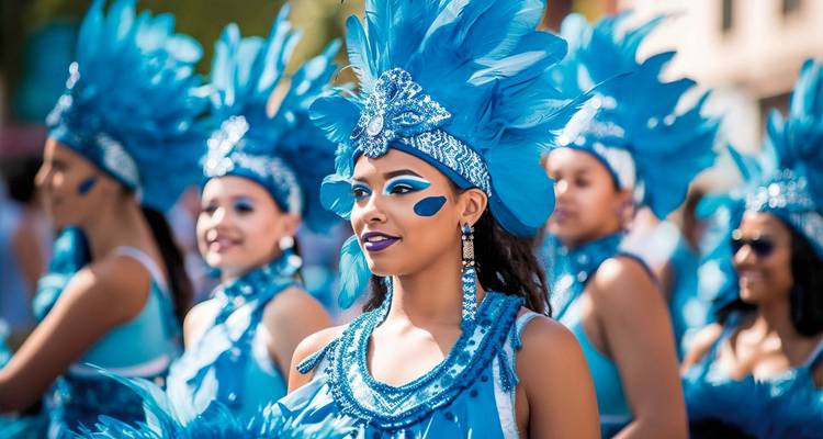 Bunte Tänzer mit gefiederten Kostümen in einer Parade.