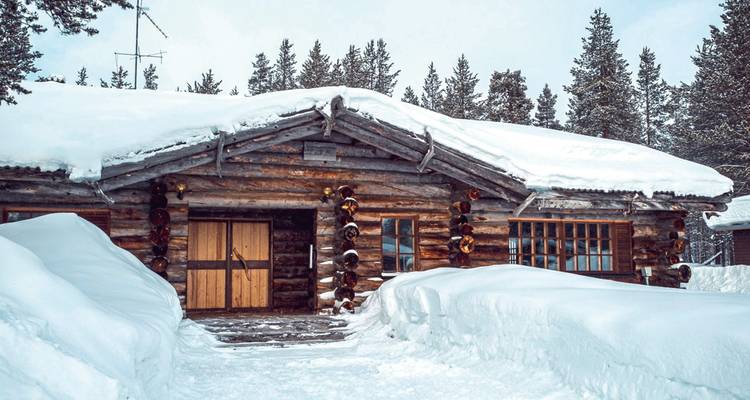 Cabane rustique entourée de neige et d'arbres.