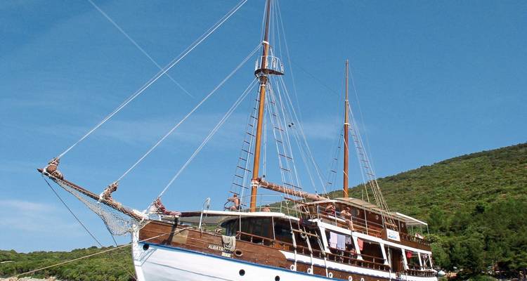 Navire en bois amarré près d'une végétation luxuriante d'île.