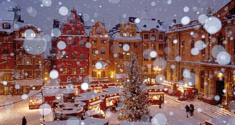Winterse stadsplein met feestelijke marktkramen en sneeuw.