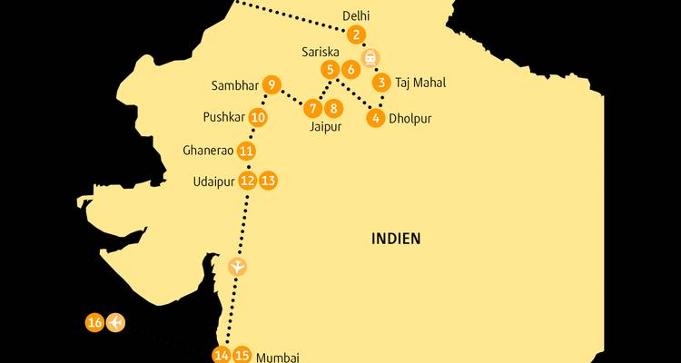 Kaart met reisroute in India
