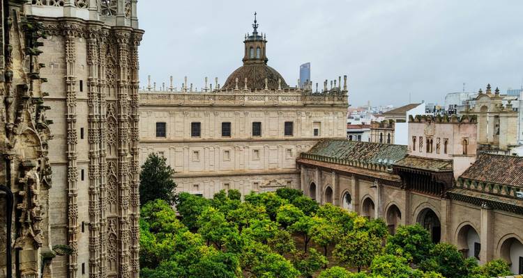 Blick auf Sevillas Patio de los Naranjos mit Orangenbäumen neben den kunstvollen Steinmauern der Kathedrale