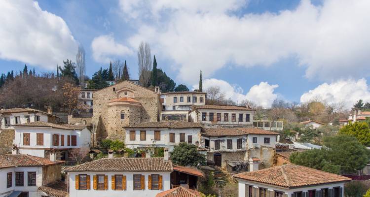 Charming hillside village with historical buildings.