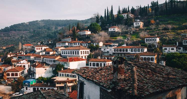 Rooftops of a picturesque village surrounded by hills.