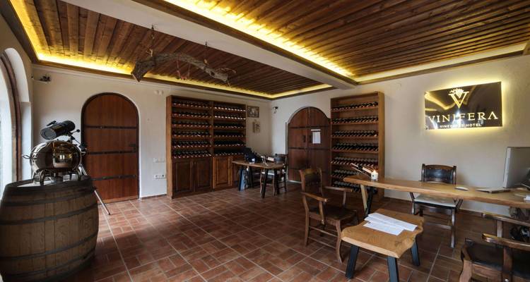 Una acogedora tienda de vinos con estantes llenos de botellas y decoración de madera bajo luces cálidas.