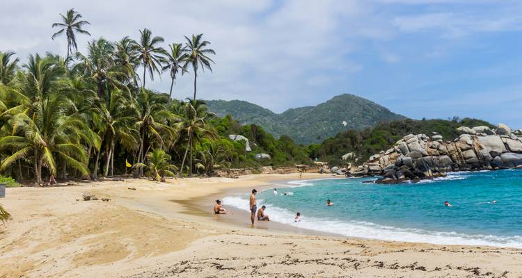 Escena de playa tropical con palmeras, bañistas en agua azul cristalina y colinas verdes al fondo.